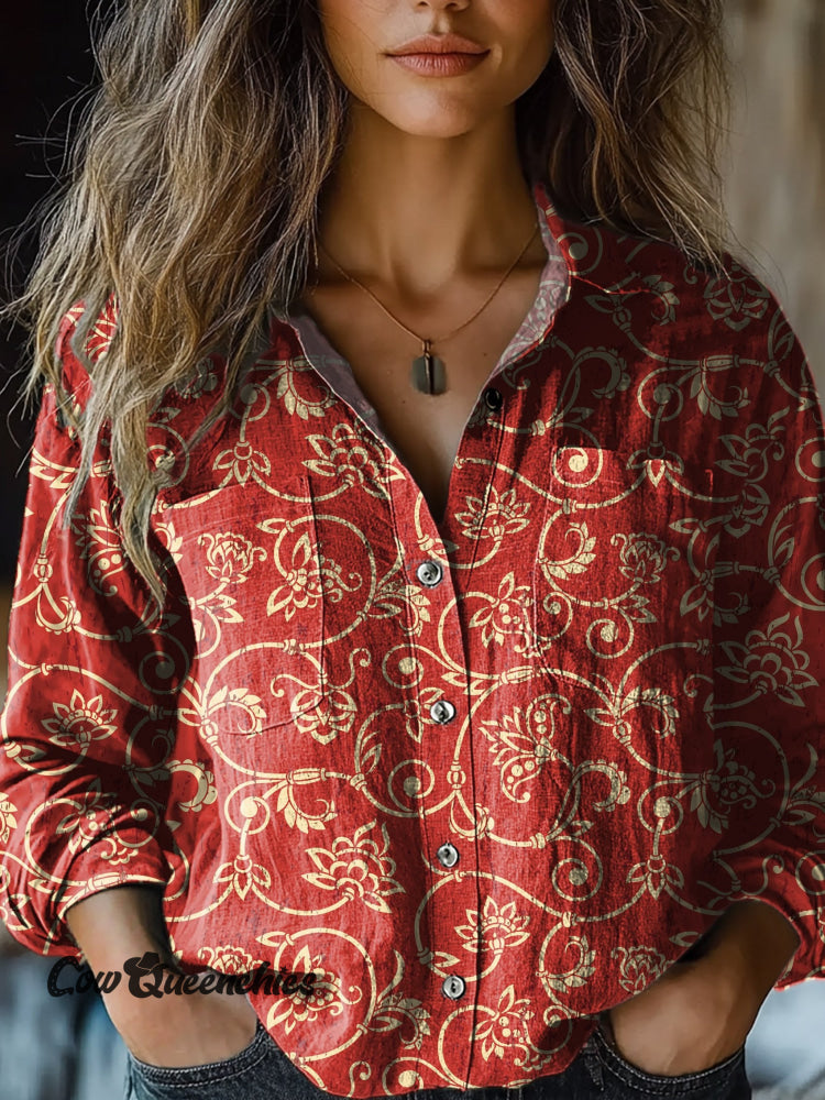 Women’s Retro Red Vine Flowers Print Casual Long Sleeve Comfortable Cotton Shirt Multicolor / S