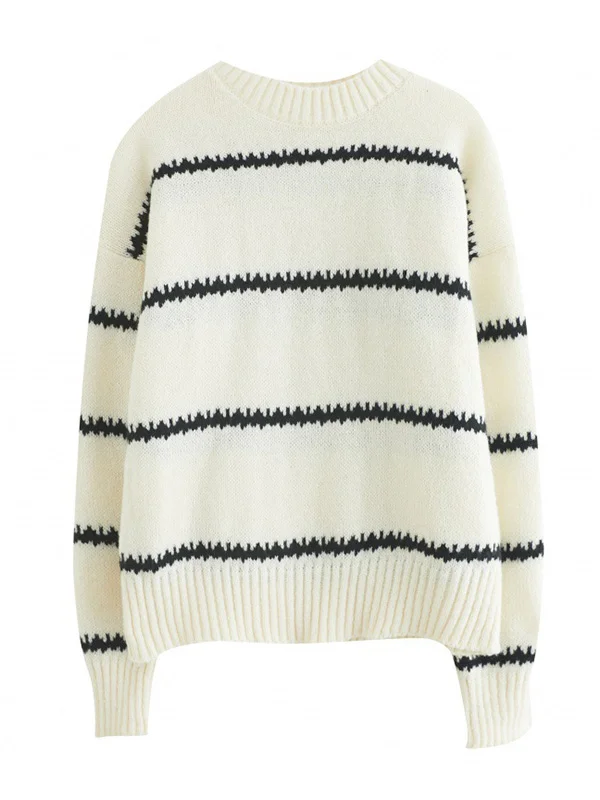 Casual Loose Long Sleeves Striped Round-Neck Sweater Tops