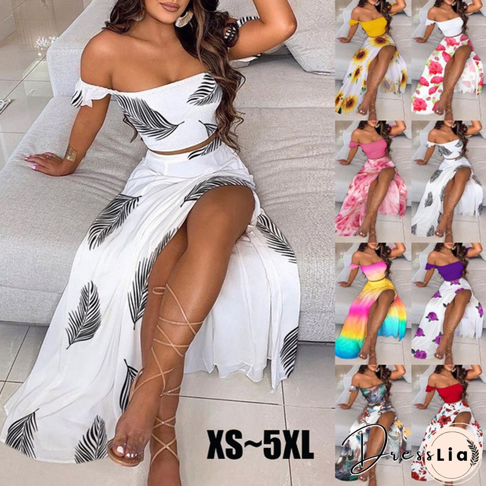 Newest Fashion Summer Women Elegant Two Pieces Sets Cropped Top & Split Skirt Temperament Drop-Shoulder Frilled Top And High Waist Split Dress