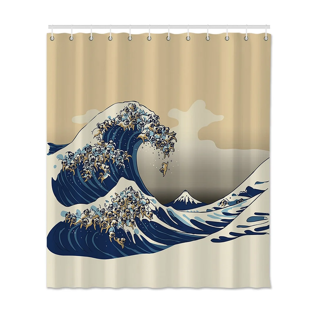 Japanese-style White Shower Curtain Printed Ocean Waves Bathroom Polyester Shower Curtain With Hooks Waterproof Shower Curtain