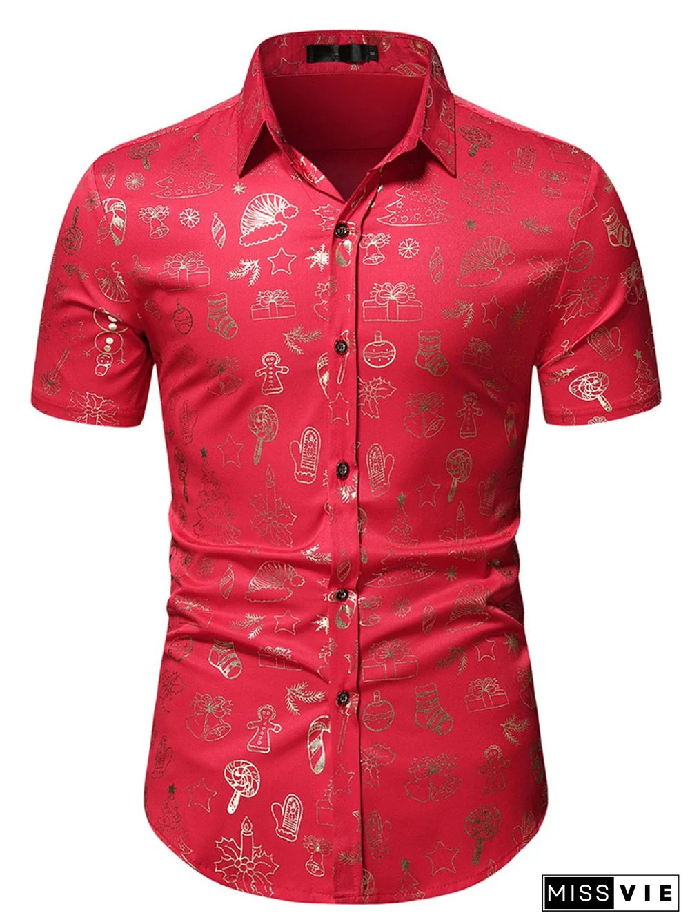 Casual Solid Colorblocking Fashion Printing Slim Shirt Men's Lapel Single-breasted Short-sleeved Christmas Shirt Cardigan