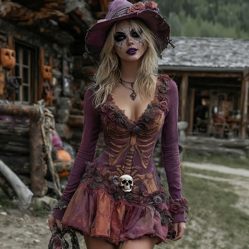 Women's Halloween Rose Skeleton Witch Cosplay Midi Dress elevenforest