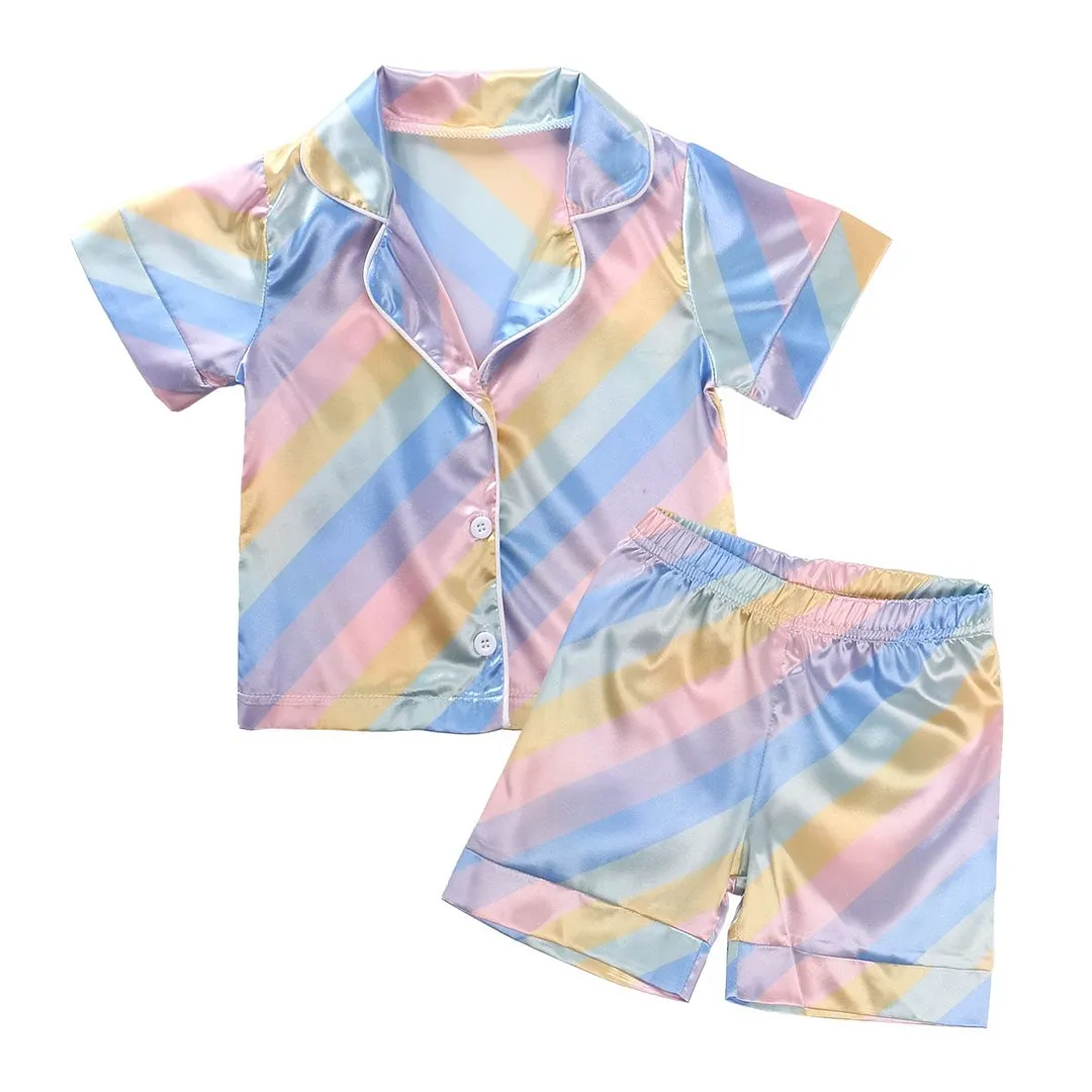 Kids Children Satin Sleepwear Baby Pajamas Sets Boys Girls Colorful Striped Pyjamas Cotton Nightwear Clothes Children Clothing