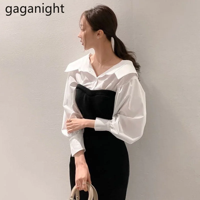 Gaganight Women French Lapel Contrast Color Stitching Dress 2022 New Korean Chic Early Spring Slim Lantern Sleeve Knitted Dress