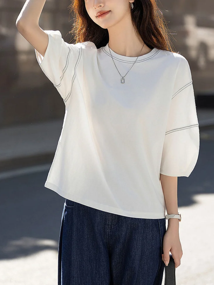 Athvotar Athvotar Collar Seven-Sleeved T-Shirt Girl 2025 Summer New Relaxed Leisure Age Cut Lantern Sleeve Top