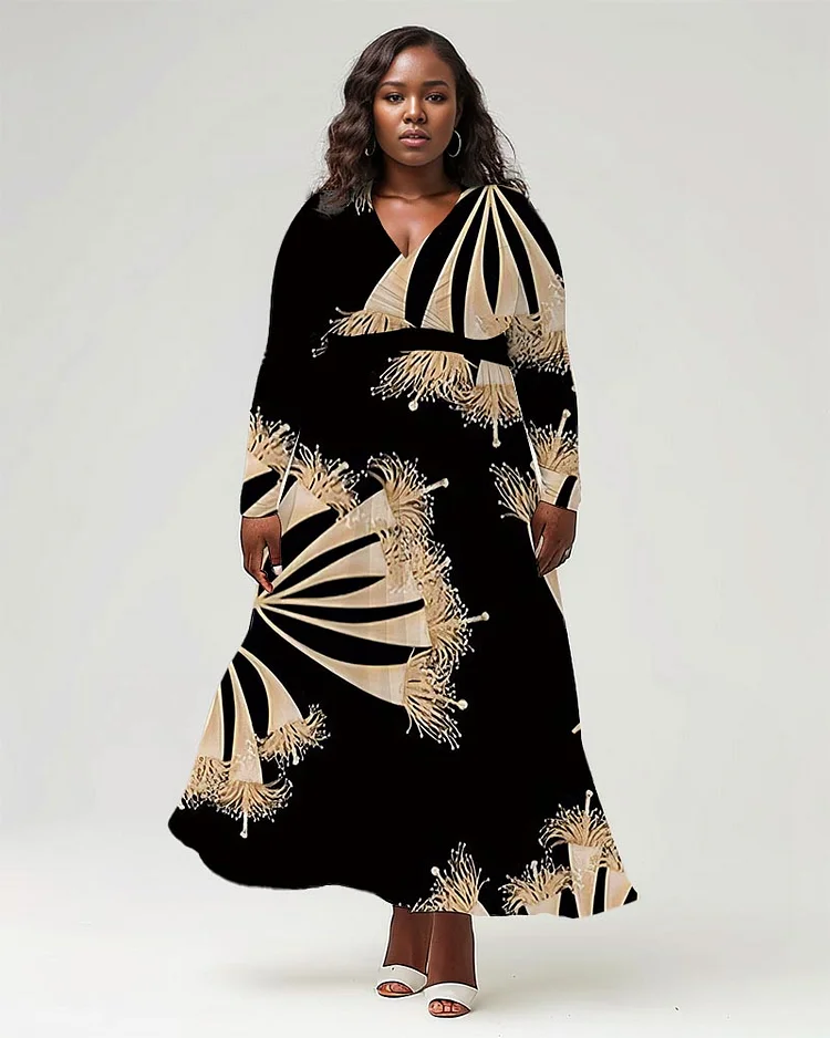 Plus Size Women's Fashion Prints Long Sleeve V Neck Dress