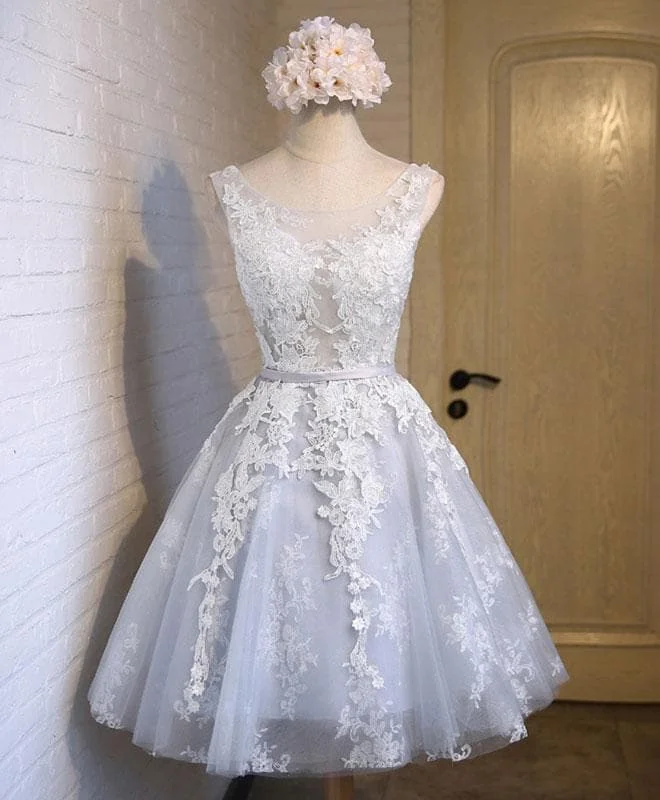 Gray Tulle Lace Applique Short Prom Dress, Gray Bridesmaid Dress