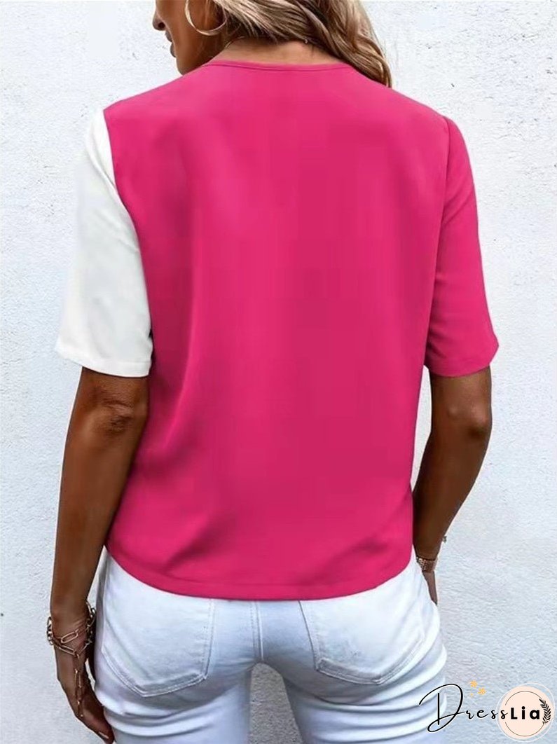 V-neck Chiffon Fashion Contrast Color Short-sleeved Shirt Top