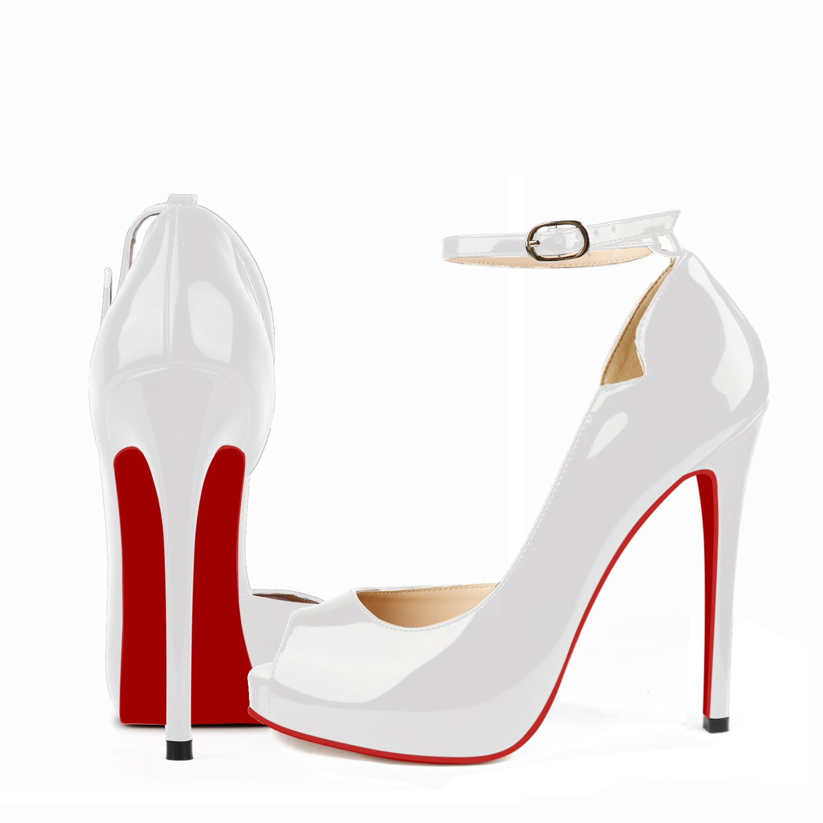 120mm Red Bottom Strap Platform Stilettos Pumps Round Chick Alta Patent Heels-MERUMOTE