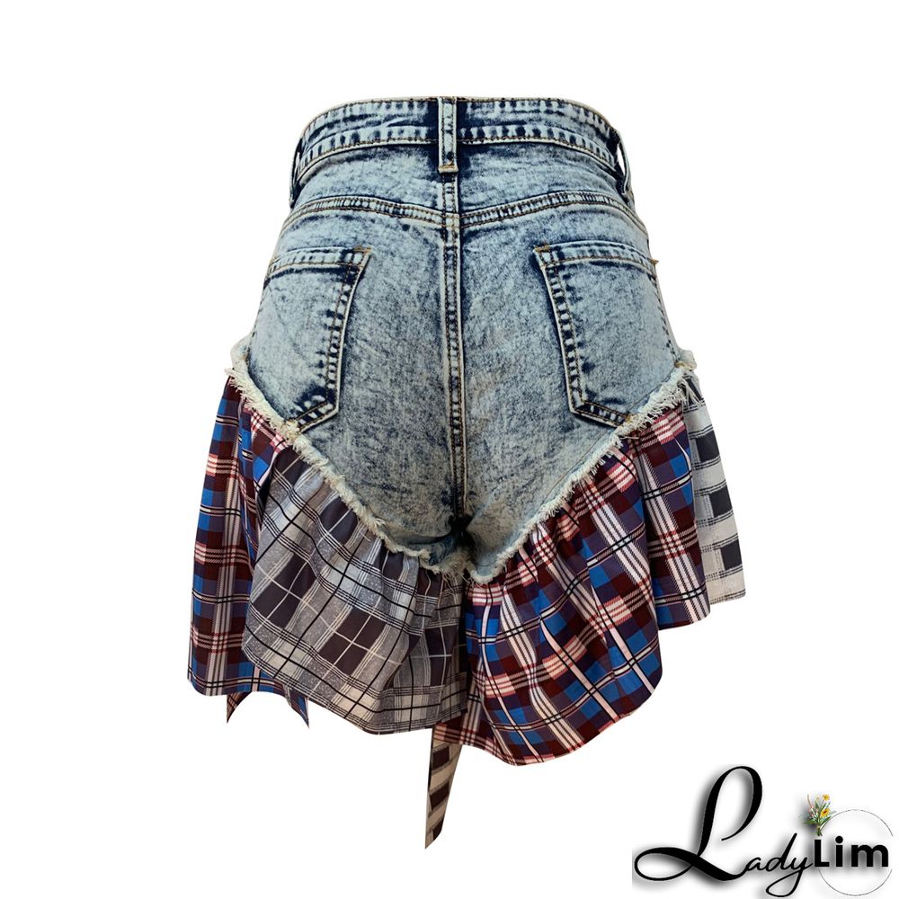 Summer Trend Ladies Denim Houndstooth Patchwork Denim Ruffle Short