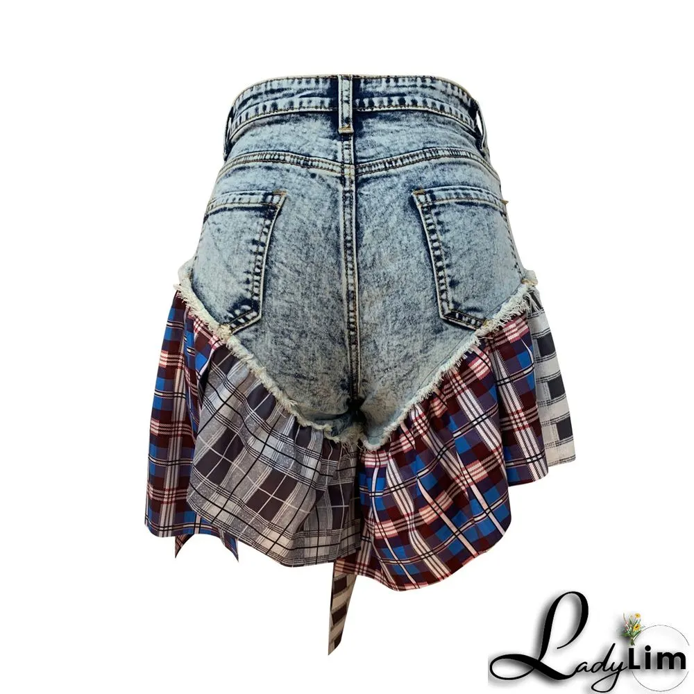 Summer Trend Ladies Denim Houndstooth Patchwork Denim Ruffle Short