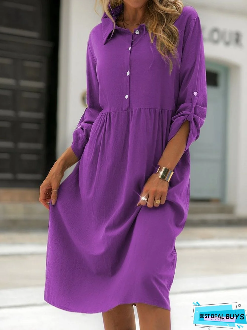 Shirt Collar Shift Long Sleeve Cotton-Blend Dresses Linen