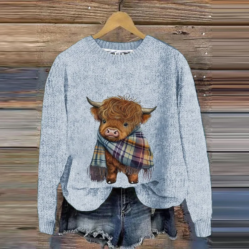 Highland Cow Pattern Knit Cozy Sweater