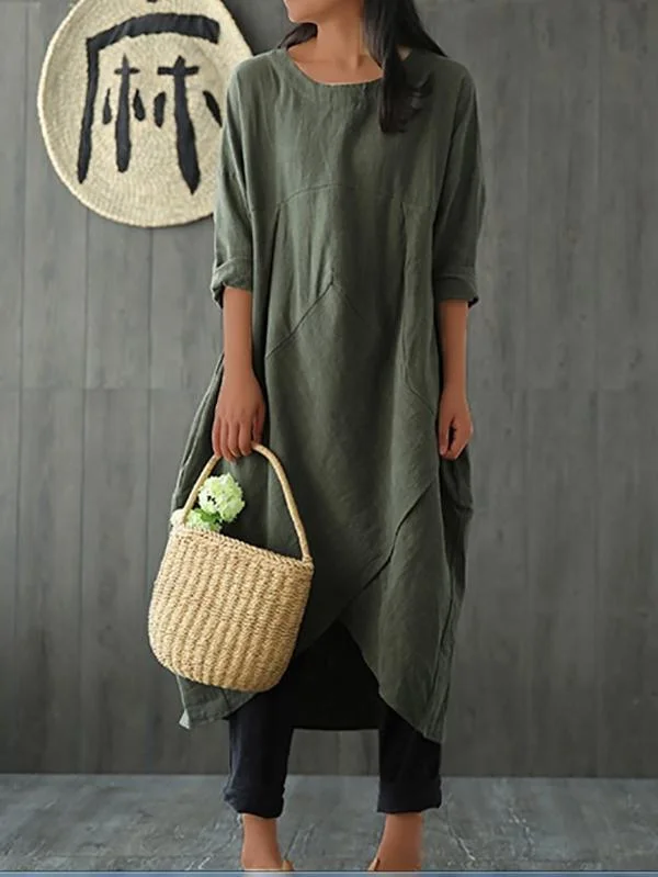 Plus Size Women's Loose Shoulder Sleeve Cotton And Linen Dress-Mayoulove