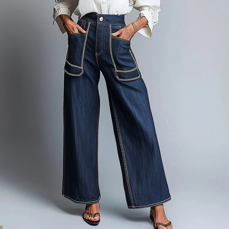 Ursime Denim High Rise Pocket Contrast Stitch Wide Leg Jeans