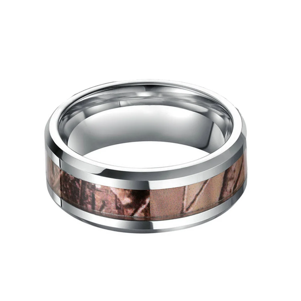 8mm Mens Camo Trees Leaves Camouflage Hunting Inlay Tungsten Ring