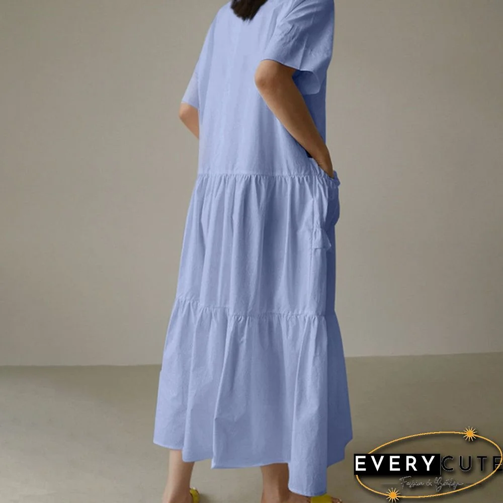 Women Summer Short Sleeved Ruffled Hem Casual Loose Long Dress Solid Color Dresses