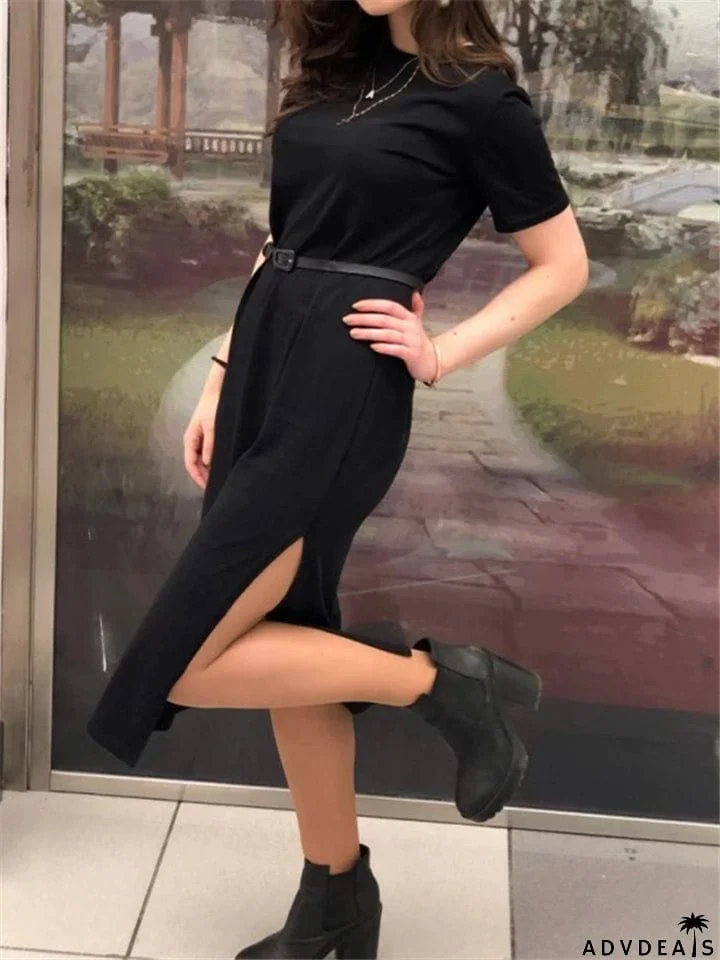 Women Cotton Black Short Sleeve Long Dress