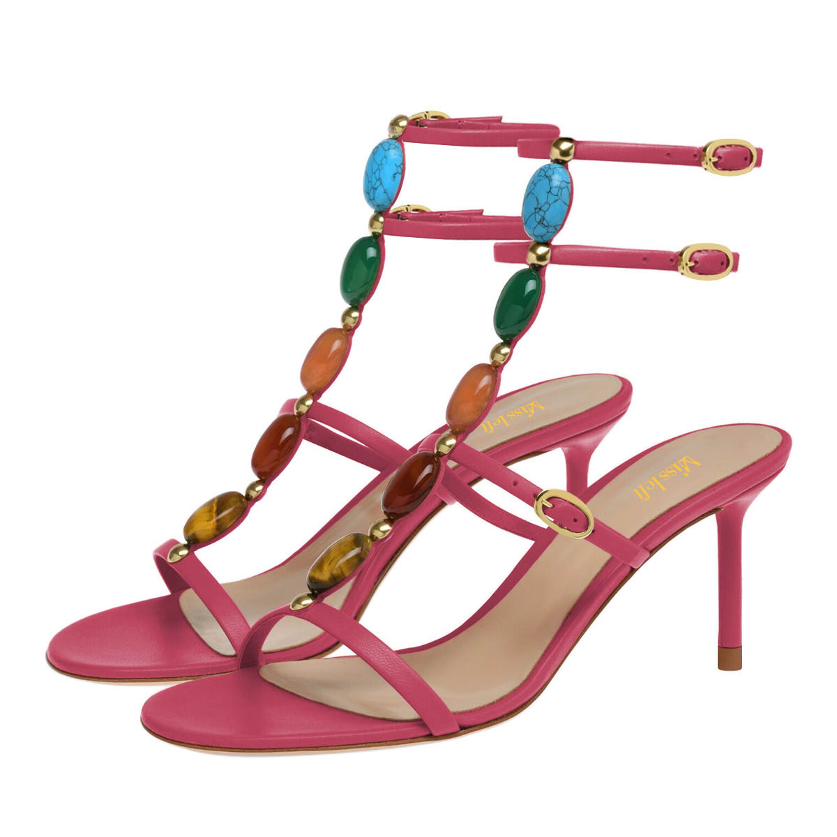 Pink Jewelled Buckle T-Strap Stiletto Heel Dress Sandals for Women Nicepairs