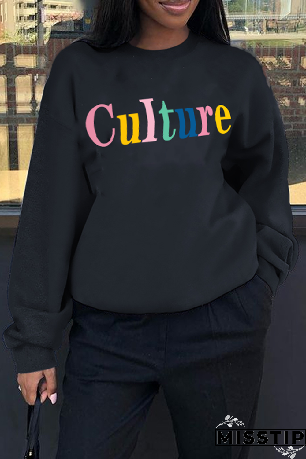 Black Street Vintage Print Patchwork Letter O Neck Tops