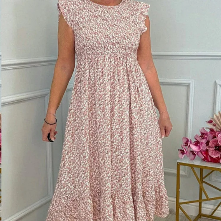🎉🛍️Hot Promotion 43% OFF💃Women's Elegant Floral Print High-Waisted Ruffle Cap Sleeve Dress 