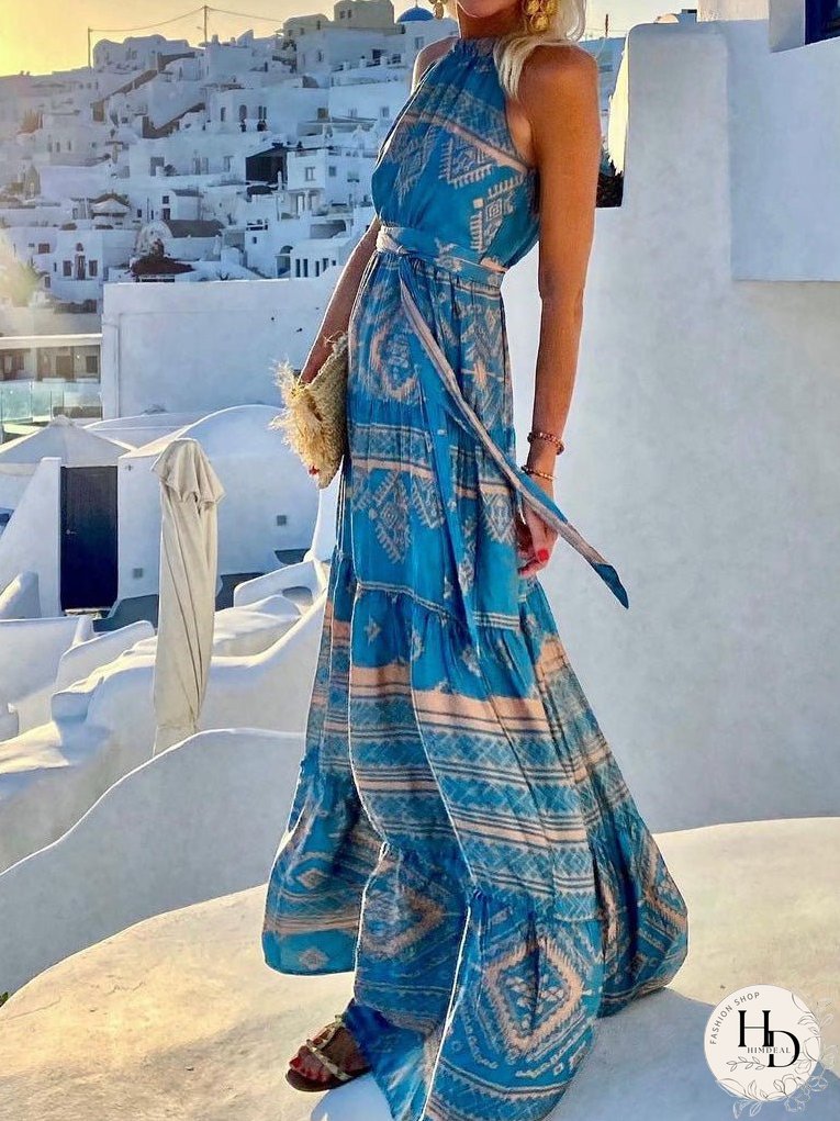 Dresses Vintage Print Halter Belted Dress for Women