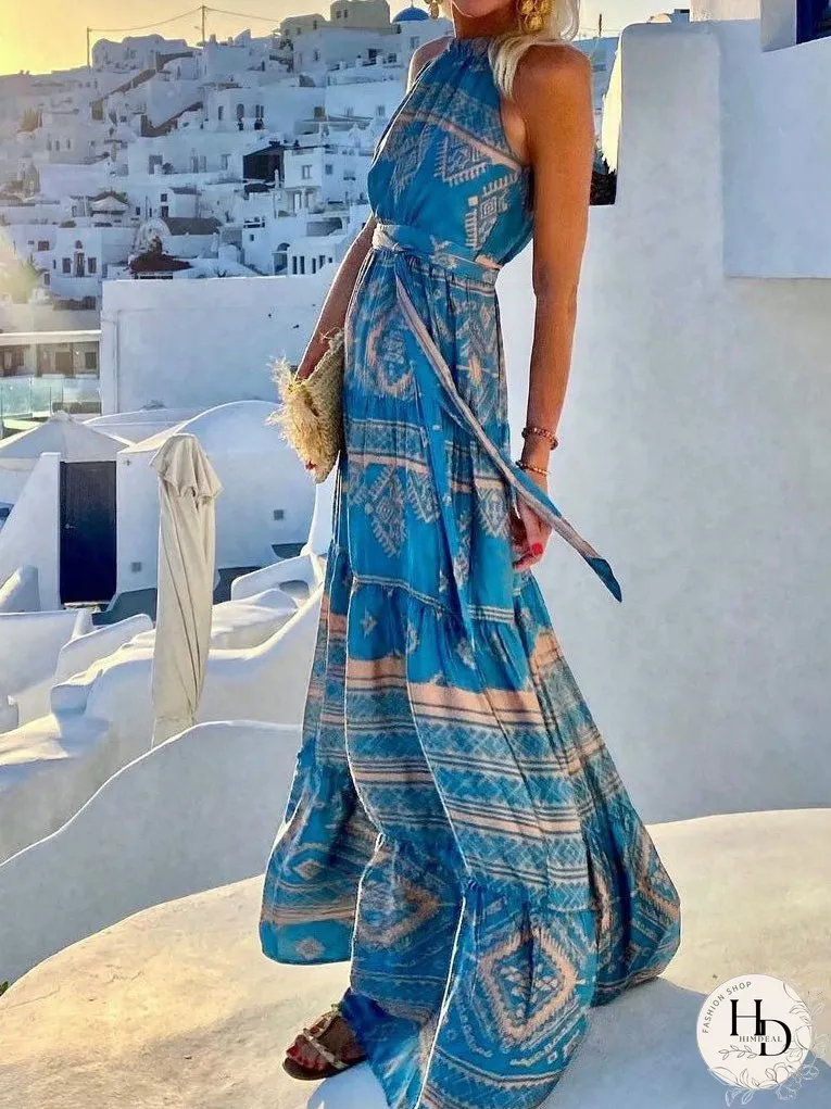 Dresses Vintage Print Halter Belted Dress for Women