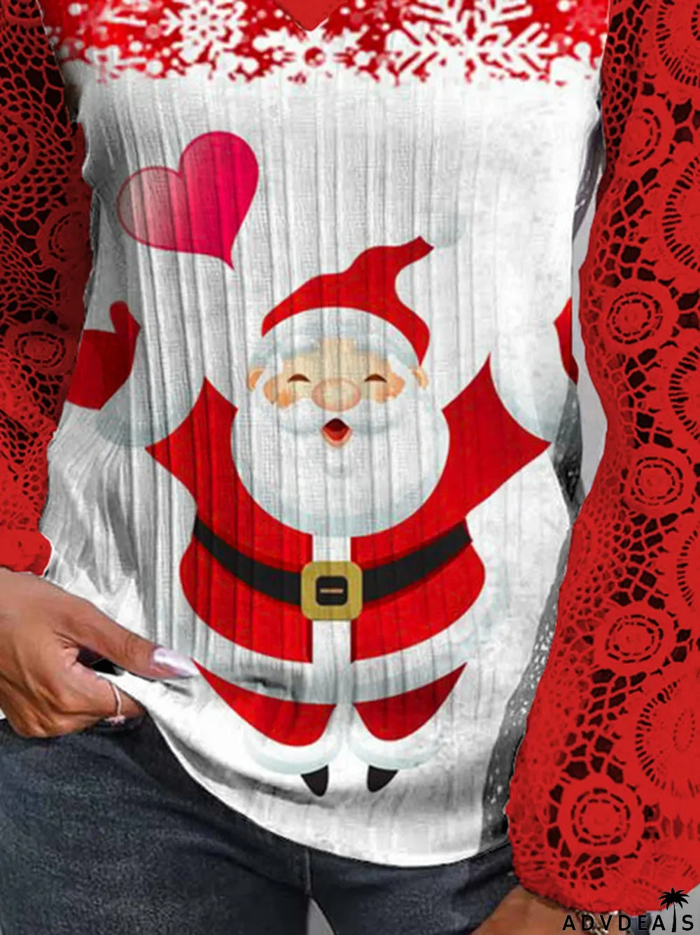 Women Long Sleeve V-neck Printed Santa Claus Snowflake Lace Christmas Tops