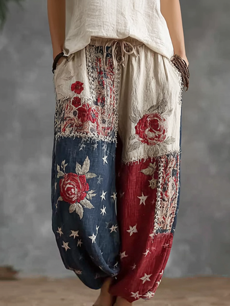  Women's American Flag Elements And Flower Embroidery Pattern Design Retro Leisure Linen Long Pants Westsshops