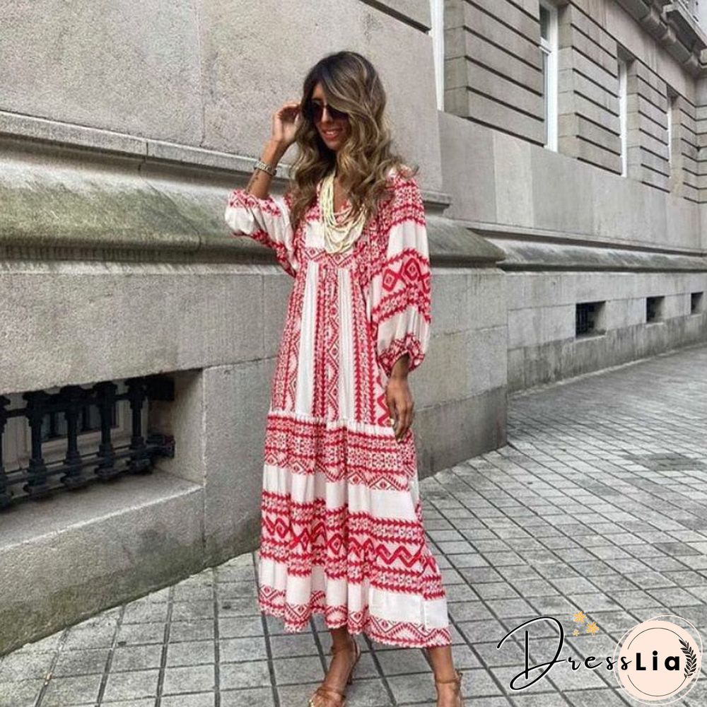 Lantern Sleeve Printing Long Dresses Women Summer Fashion V Neck Ankle-length Geometric Collage Dress Loose Boho Beach Dresses