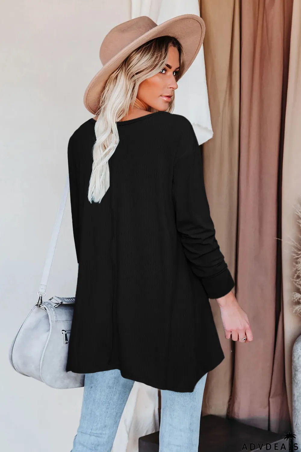 Black Asymmetric Hemline Long Sleeve Top