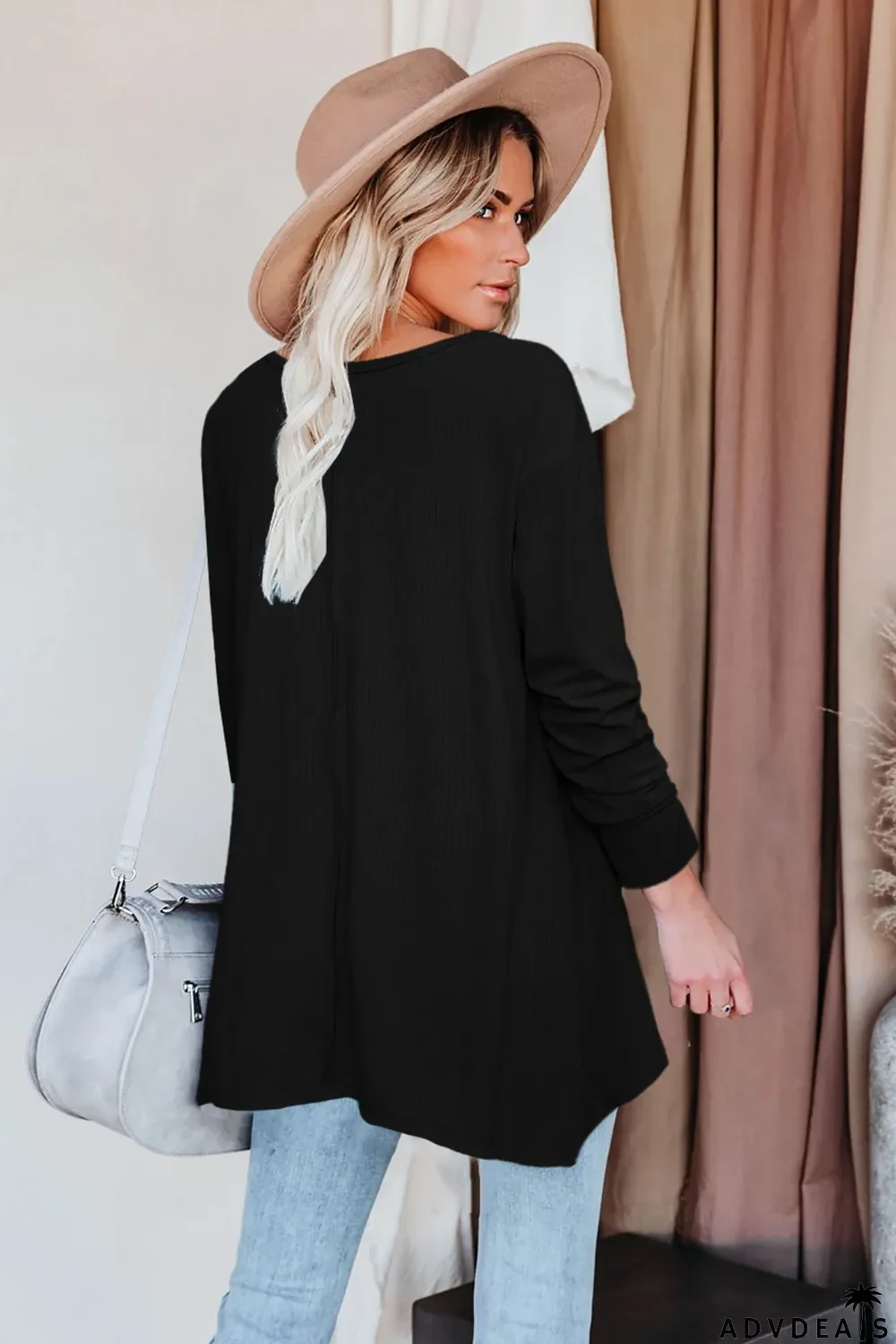 Black Asymmetric Hemline Long Sleeve Top