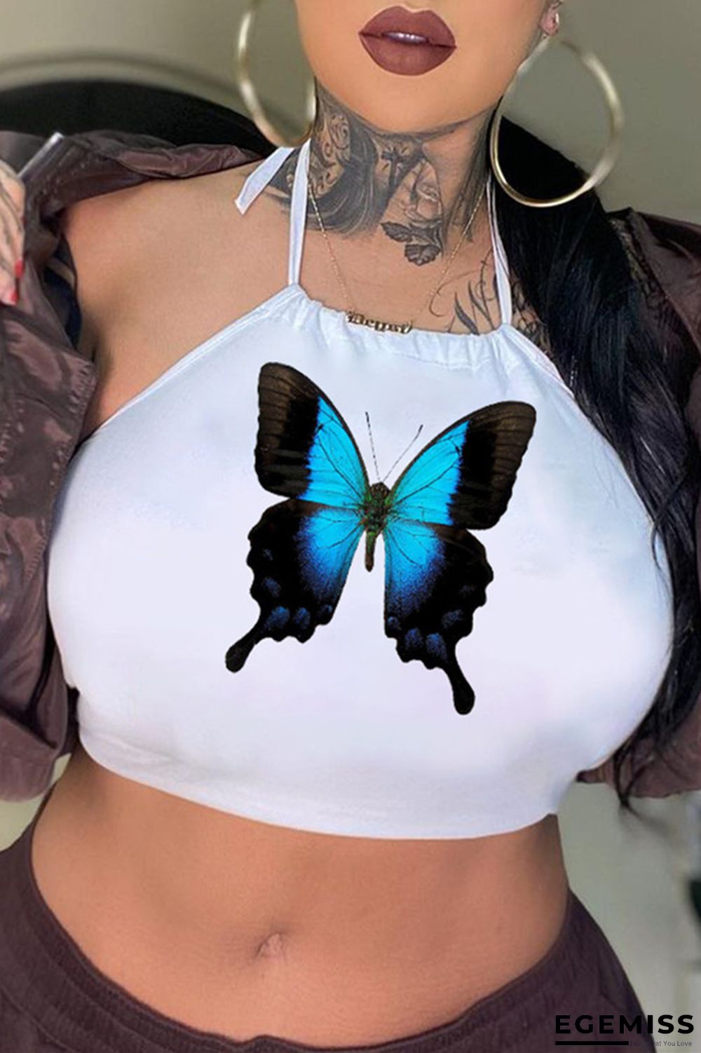 White Sexy Casual Butterfly Print Backless Strap Design Halter Tops | EGEMISS
