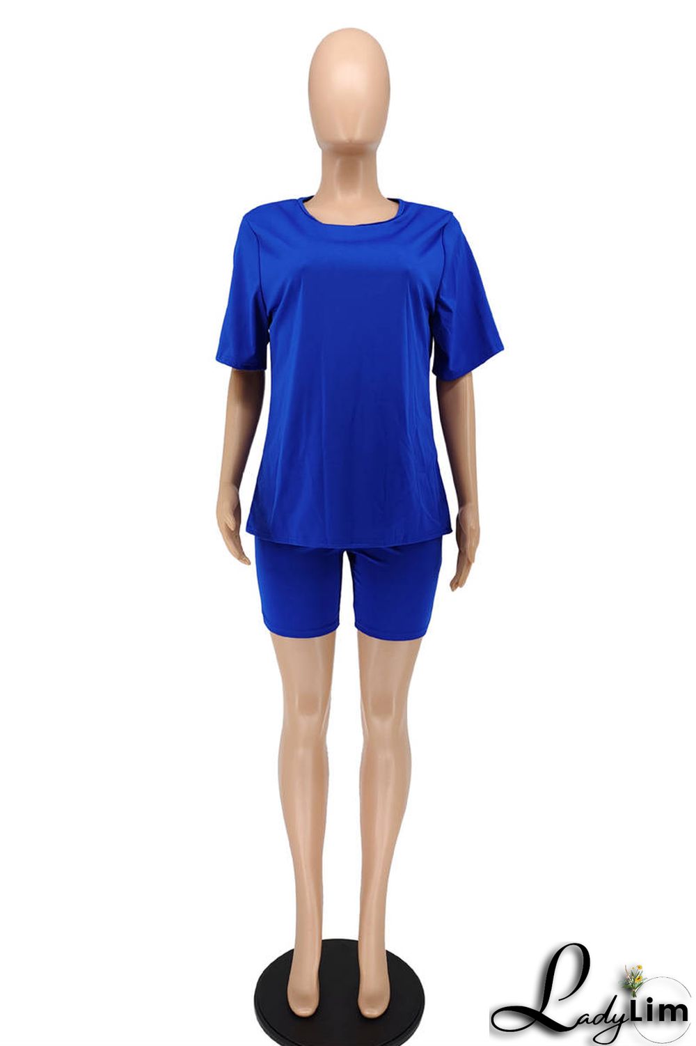 Blue Fashion Casual Solid Basic O Neck Short Sleeve Two Pieces
