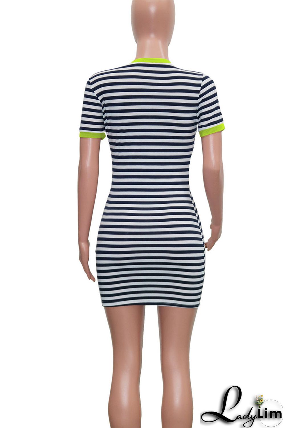Fluorescent Yellow Casual Striped Print Patchwork O Neck Straight Dresses