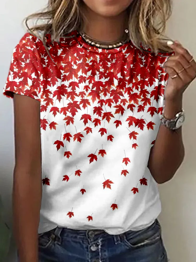 Simpfit Kurzärmliges, kuscheliges T-Shirt mit kanadischem Ahornblatt-Print