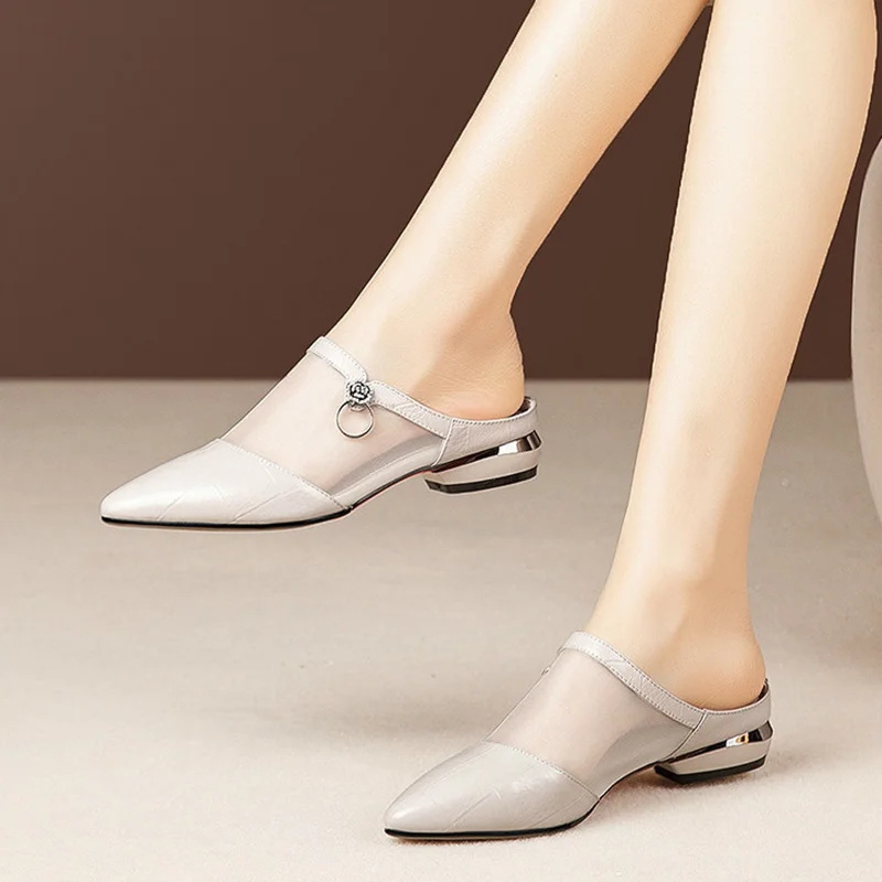 Qengg MCCKLE Women Summer Slippers Pointed Toe Thick Heel Hollow Mesh Sandals Slip On Ladies 2021 Fashion Slides Female Casual Shoes