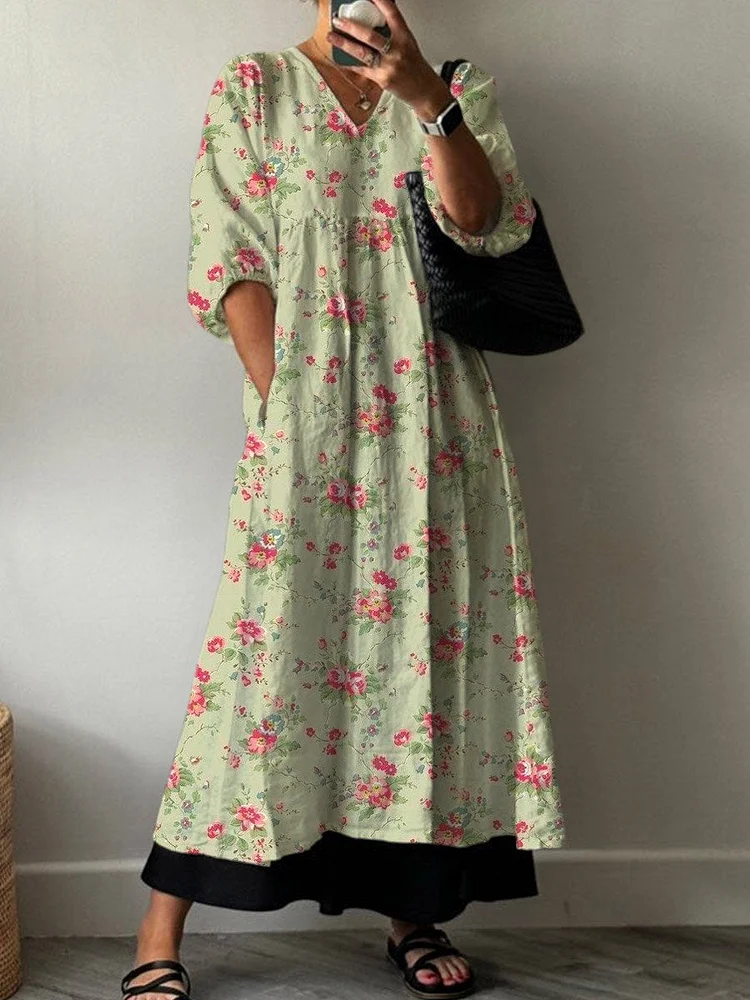 Women's Vintage Lovely Floral Art Print Pocket V-neck Cotton Dress