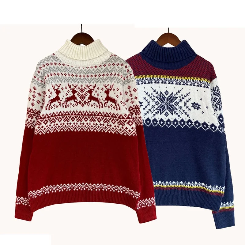 Christmas Reindeer Couples Sweater Men Women Turtleneck Pullover Knitted Jumper-elleschic