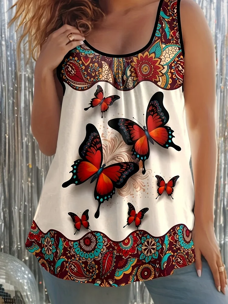Vibrant Summer Women's Sleeveless Top | High-Stretch Machine-Washable Fabric, Round Neck Ruffled Detail, Butterfly Print & Paisley Design, Nontransparent Material For Beachwear, Picnics, Casual Outing