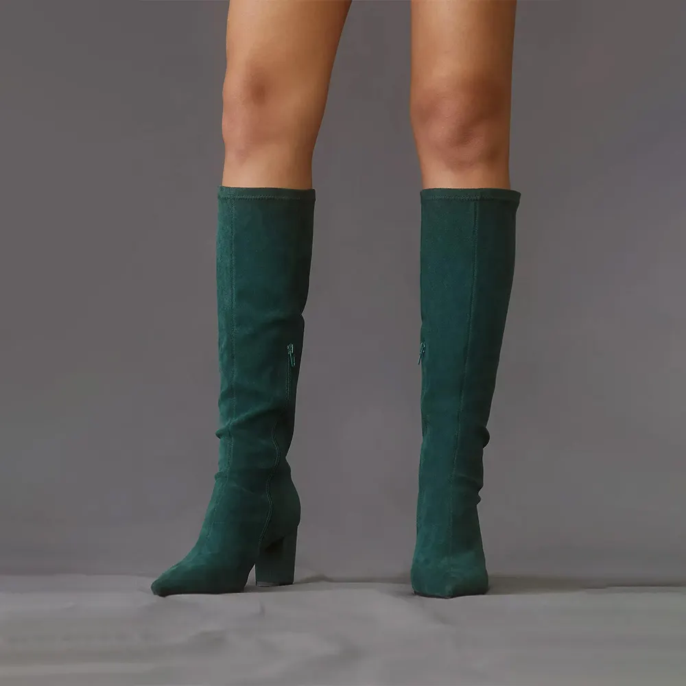 Elegant Green Pointed Toe Side Zipper Stretchy Knee High Heeled Boots