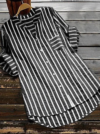 Leisure Striped V-neck Women Shirt Spring Autumn Loose Cotton Ladies Blouse Top