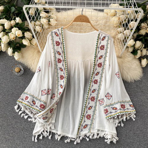 Ballifyex Sexy Boho Tassel Embroidery Sheer Loose Beach Cover Up Casual Cover-ups Vacation Beach Dress Beach Wear Beachwear Female Women