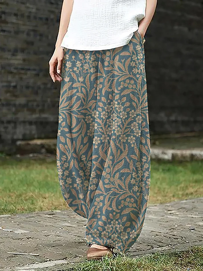 Women's Retro Plant Floral All Over Print Pocket Casual Pants
