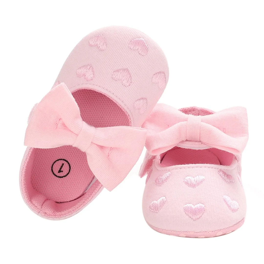 Infant Baby Girl Crib Shoes Heart Embroidery Anti-Slip Soft Sole Heart Print Mary Jane Flats Cute Bow First Walkers