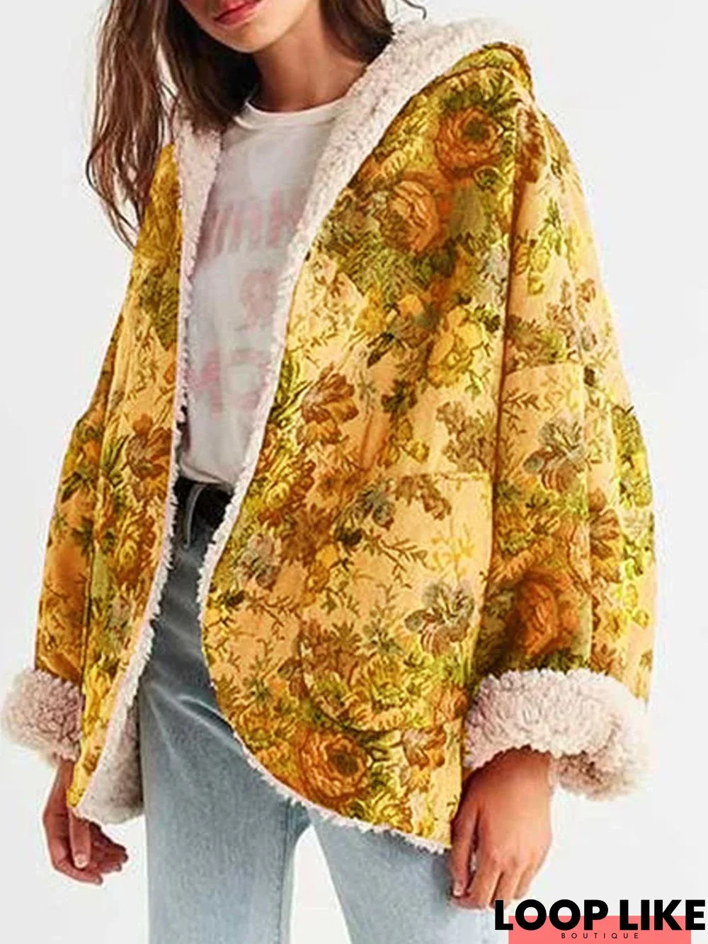 Printed Cotton-Blend Hooded Long Sleeve Fleece Coat