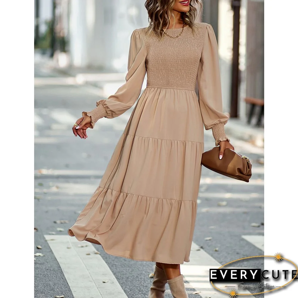 Khaki Crew Neck Smocked Swing Midi Dress