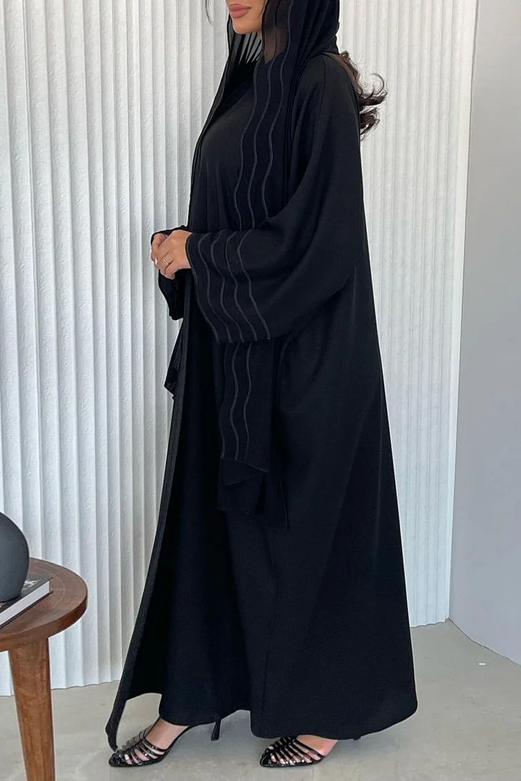 Wavy Embroidery Cuff Open Front Abaya Long Cardigan With Head Scarf