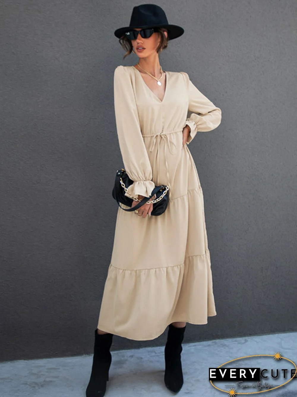 V Neck Drawstring Waist Flounce Sleeve Dress