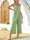 Solid Color V-Neck Backless Loose Spaghetti-Neck Casual Jumpsuit